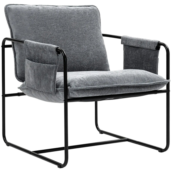 Gray armchair with black metal frame on a white background