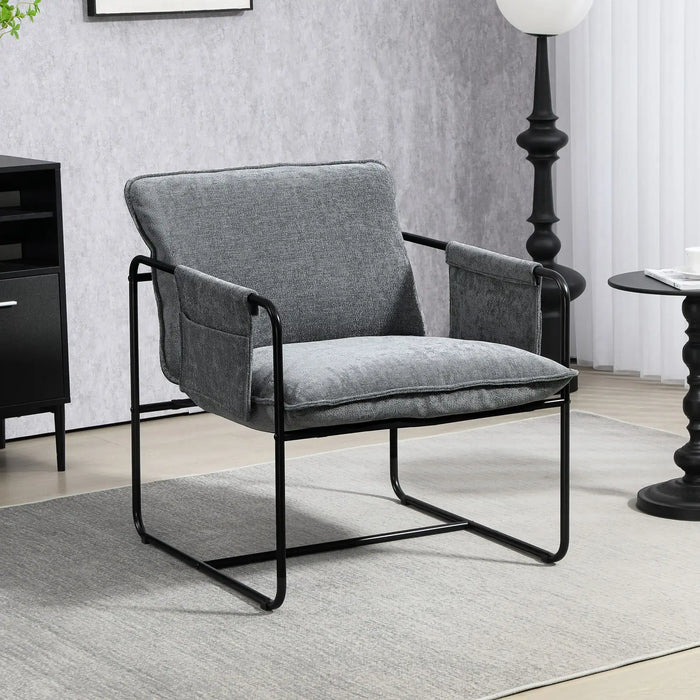 Gray armchair with black metal frame in a room setting
