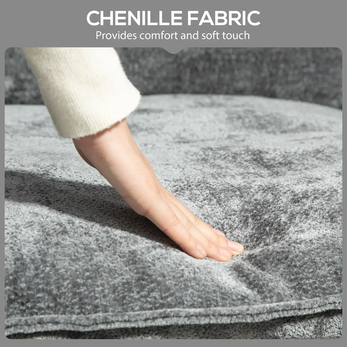 Person's foot on a textured gray surface with text 'Chenille Fabric Provides comfort and soft touch'.
