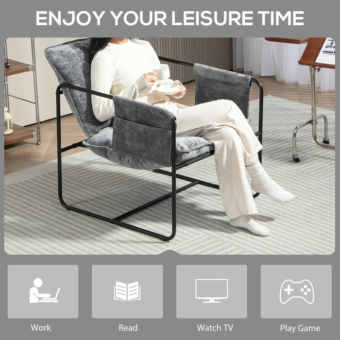 Person sitting in a modern chair with text 'Enjoy your leisure time' and icons for work, read, watch TV, and play game.
