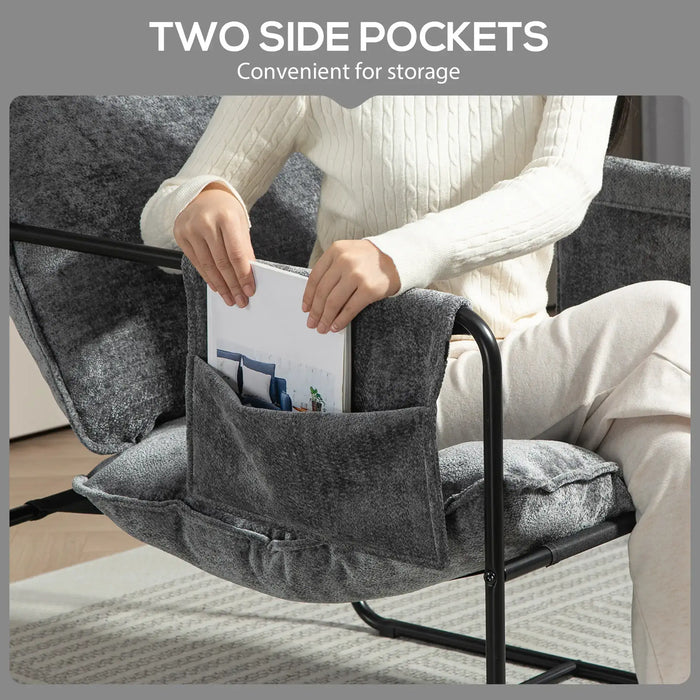 Gray chair with a built-in pocket for storage, held by a person.