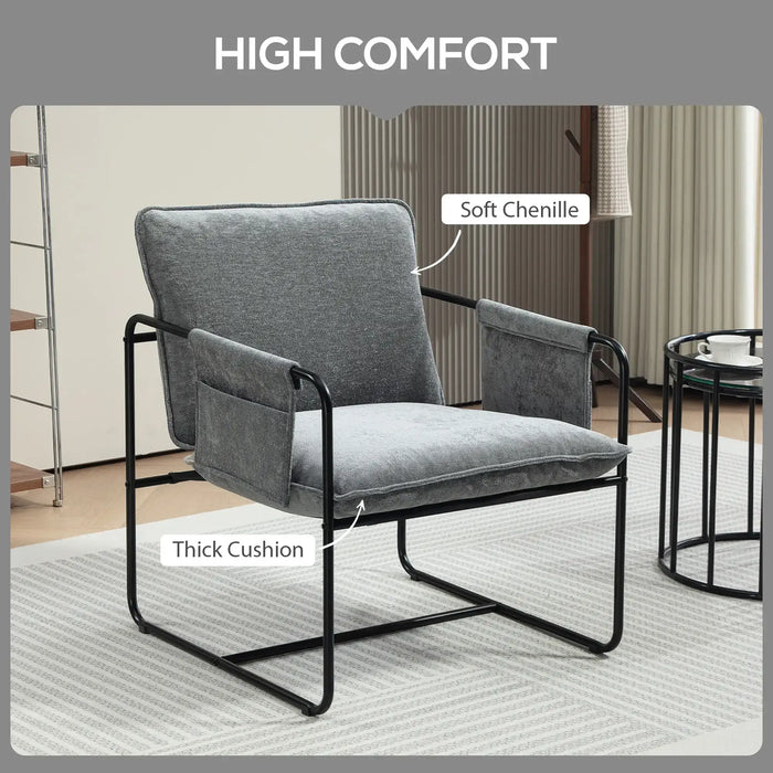 Gray armchair with soft chenille texture and thick cushion, labeled 'High Comfort'.