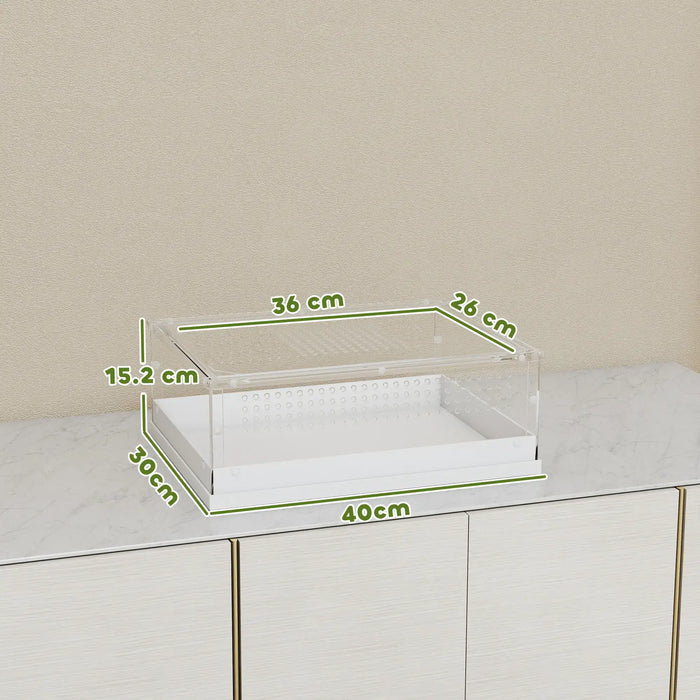 Clear acrylic display case with dimensions on a beige background