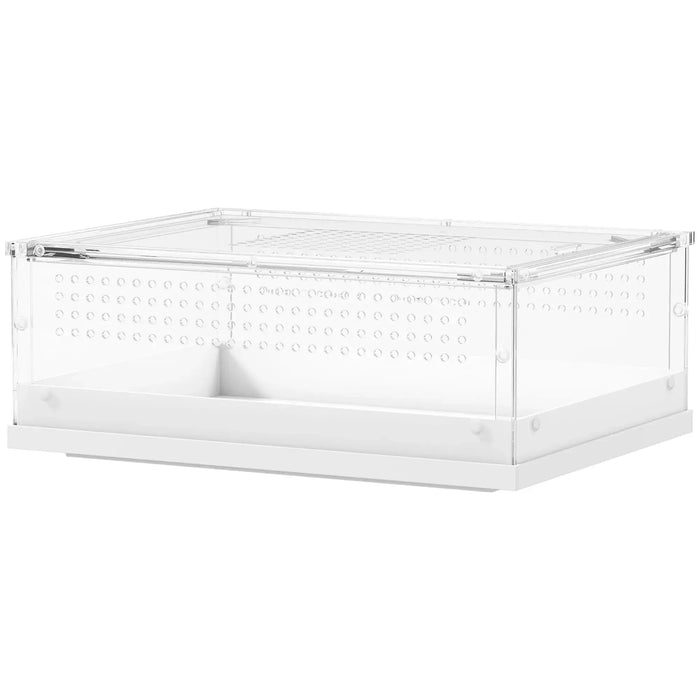Clear plastic storage box with white interior on a white background