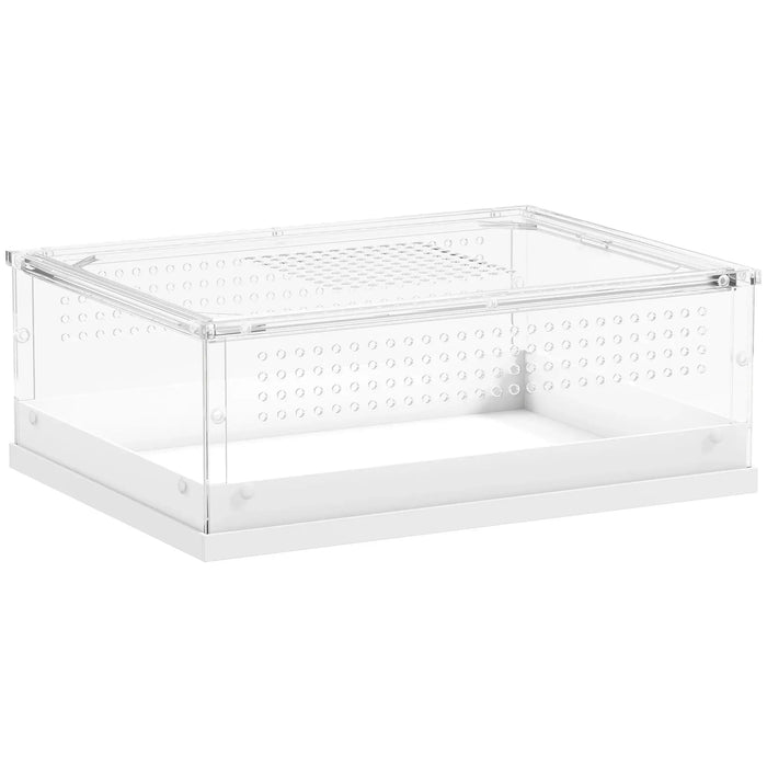 Clear plastic storage box with pegboard front on a white background