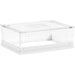 Clear plastic storage box with pegboard front on a white background