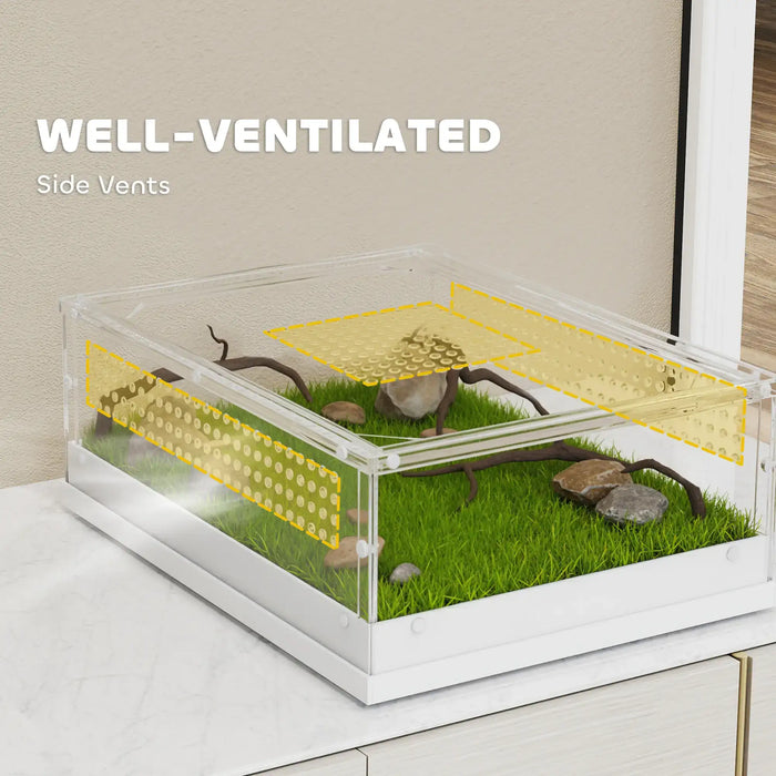 Well-ventilated terrarium with side vents and grassy interior.