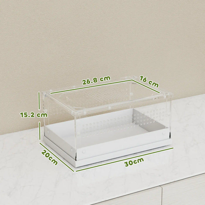 Clear plastic storage box with white base, showing dimensions on marble countertop