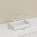 Clear plastic storage box with white base, showing dimensions on marble countertop