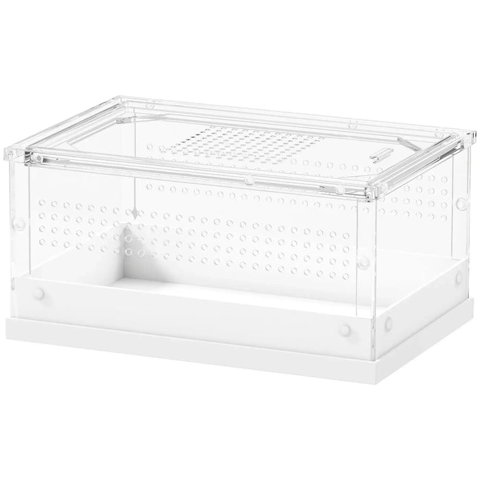 Clear acrylic display box with white base and ventilation holes, transparent storage case
