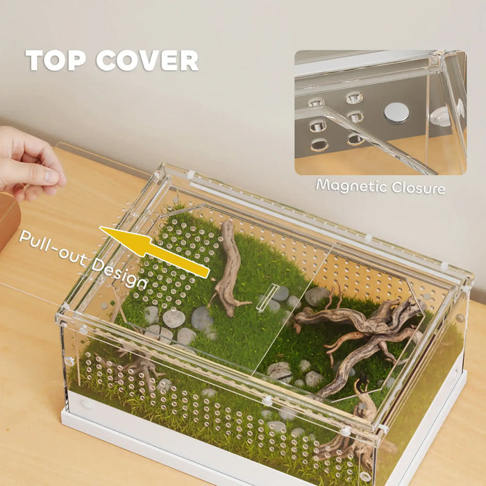 Clear acrylic terrarium with moss and driftwood, featuring pull-out top cover and magnetic closure