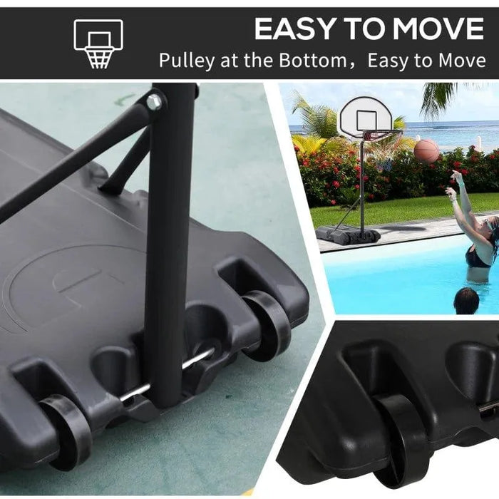 Adjustable portable basketball hoop with wheels, shown by a poolside with nylon net and weighted base.