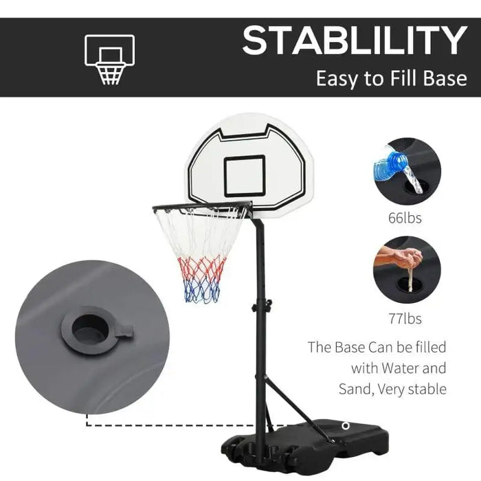 Adjustable portable basketball hoop with weighted base and nylon net, easy-fill stability feature