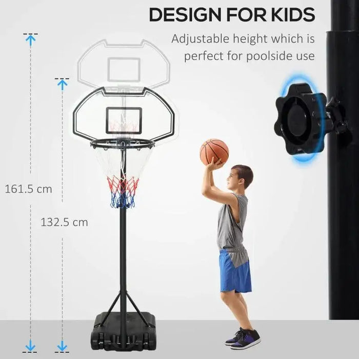 Adjustable kids basketball hoop with height scale, weighted base, and nylon net, child shooting ball