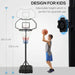 Adjustable kids basketball hoop with height scale, weighted base, and nylon net, child shooting ball