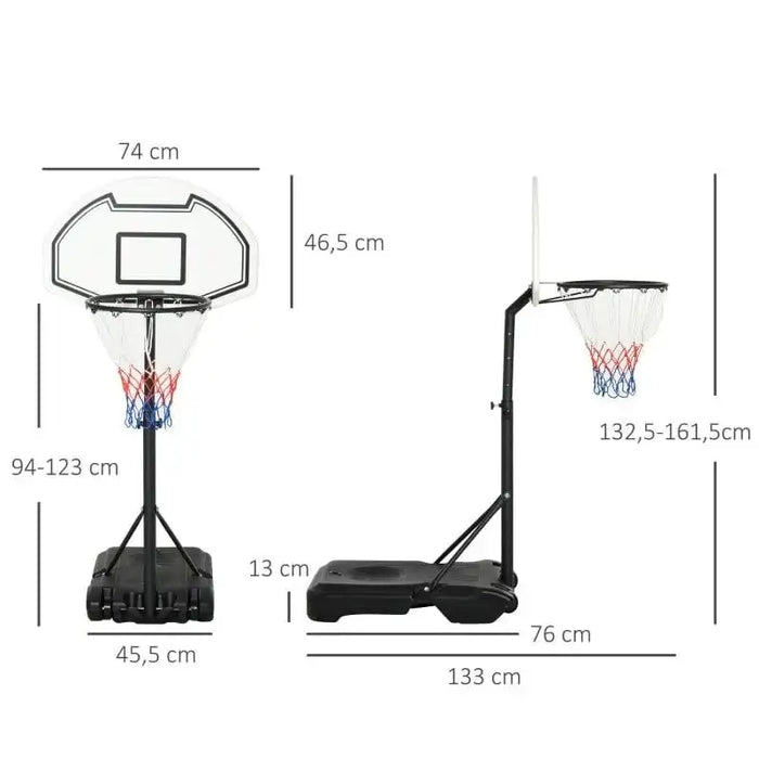 Adjustable portable basketball stand with weighted base, nylon net, and measurement labels