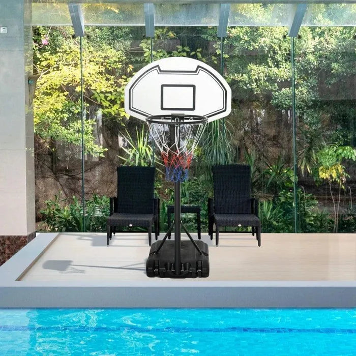 Adjustable portable basketball hoop with weighted base and nylon net by a poolside patio