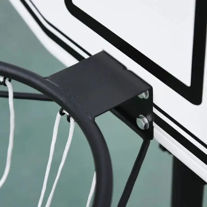 Close-up of adjustable basketball hoop with white nylon net and black metal rim