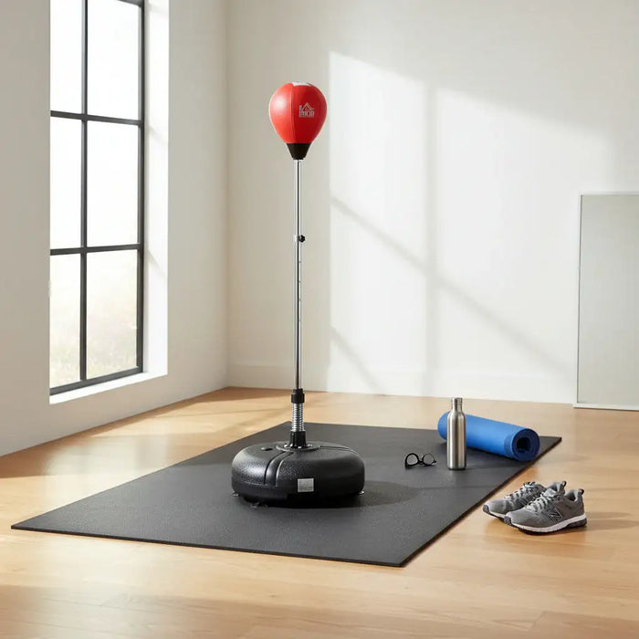Home workout setup with red punching ball, black base on mat, blue yoga mat, water bottle, and sneakers