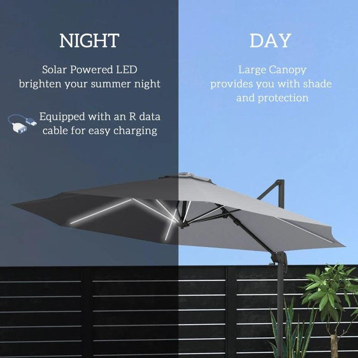 Adjustable Cantilever Parasol with Base and Solar LED Lights in Light Grey 3(m) - Little and Giant Explorers Outsunny