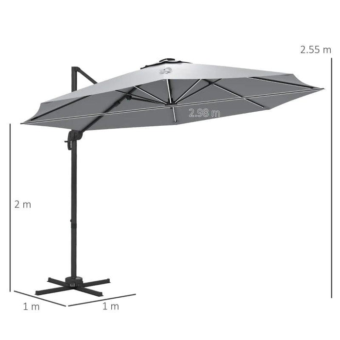 Adjustable Cantilever Parasol with Base and Solar LED Lights in Light Grey 3(m) - Little and Giant Explorers Outsunny