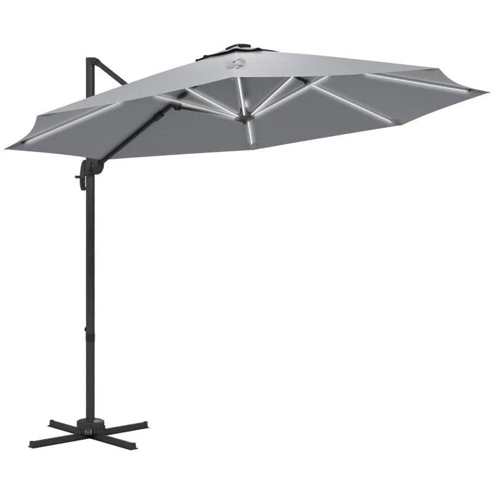 Adjustable Cantilever Parasol with Base and Solar LED Lights in Light Grey 3(m) - Little and Giant Explorers Outsunny