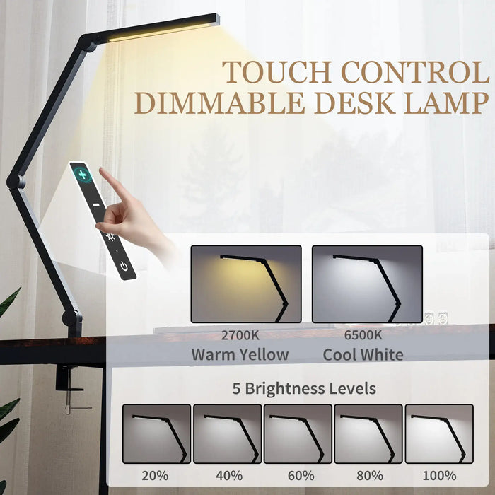 Touch control dimmable desk lamp with light color and brightness level indicators.