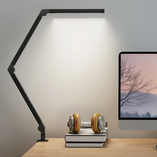 Desk lamp on a desk with books and dumbbells, next to a computer screen displaying a nature scene.