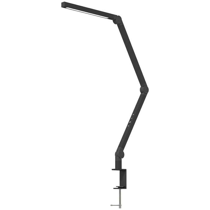 Black adjustable desk lamp on a white background