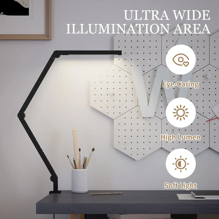 Modern desk lamp with geometric wall panels in a room setting, emphasizing ultra-wide illumination area.