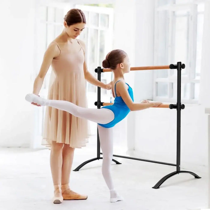 Adjustable Double Ballet Barre – Freestanding Beech Wood and Metal | 4 Height Levels COSTWAY - Little and Giant Explorers Costway