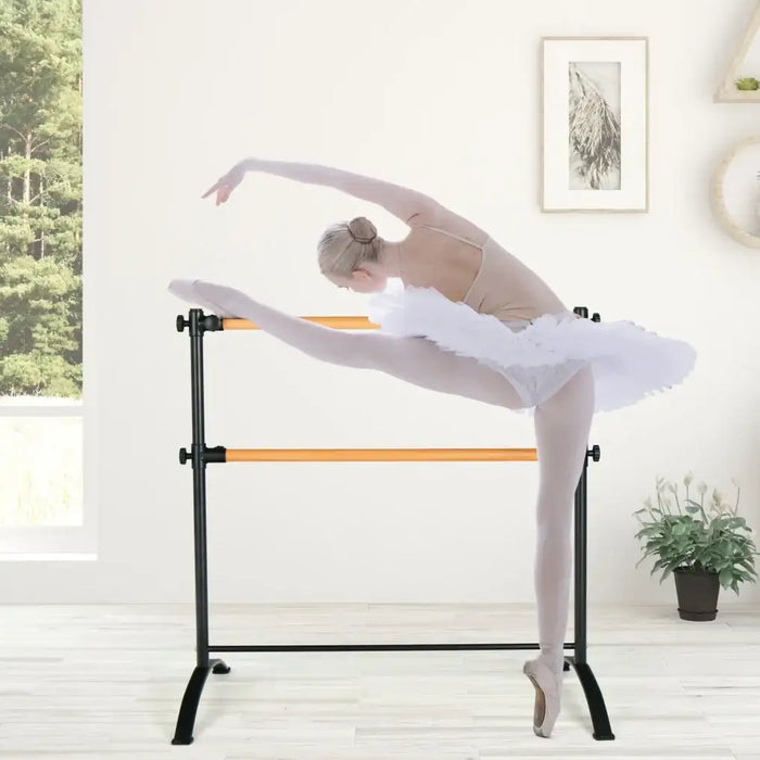 Adjustable Double Ballet Barre – Freestanding Beech Wood and Metal | 4 Height Levels COSTWAY - Little and Giant Explorers Costway