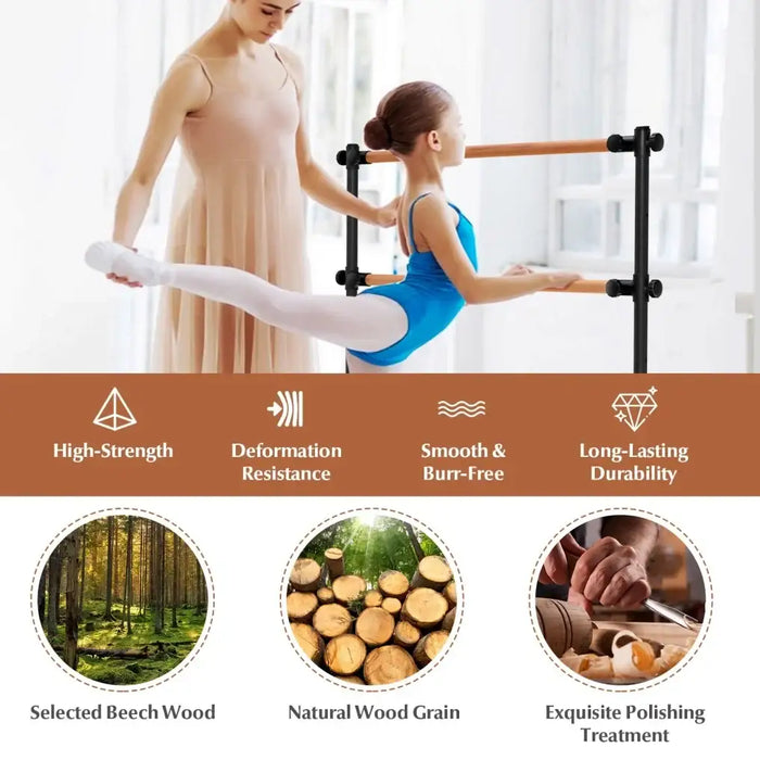 Adjustable Double Ballet Barre – Freestanding Beech Wood and Metal | 4 Height Levels COSTWAY - Little and Giant Explorers Costway