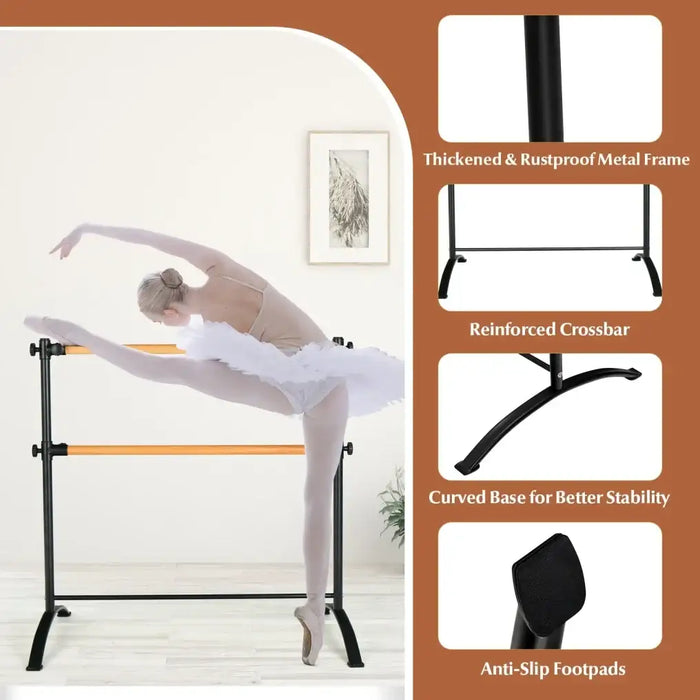 Adjustable Double Ballet Barre – Freestanding Beech Wood and Metal | 4 Height Levels COSTWAY - Little and Giant Explorers Costway