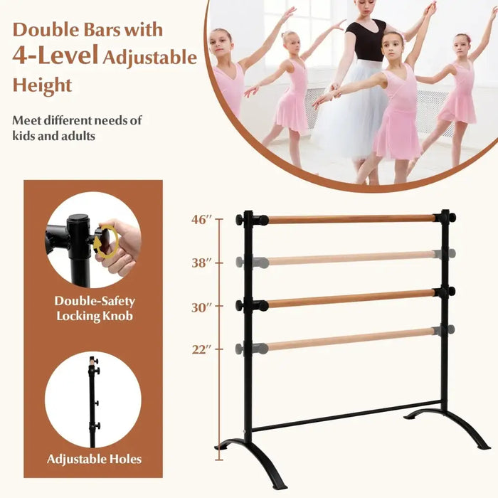 Adjustable Double Ballet Barre – Freestanding Beech Wood and Metal | 4 Height Levels COSTWAY - Little and Giant Explorers Costway