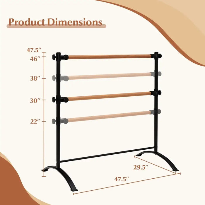 Adjustable Double Ballet Barre – Freestanding Beech Wood and Metal | 4 Height Levels COSTWAY - Little and Giant Explorers Costway