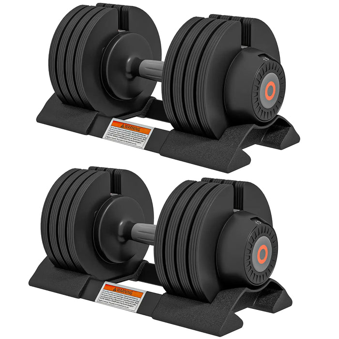 Pair of adjustable dumbbells on stands with a white background