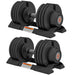 Pair of adjustable dumbbells on stands with a white background