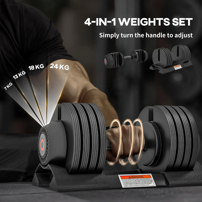 4-in-1 adjustable weight set with person using it, showing weight capacity labels.