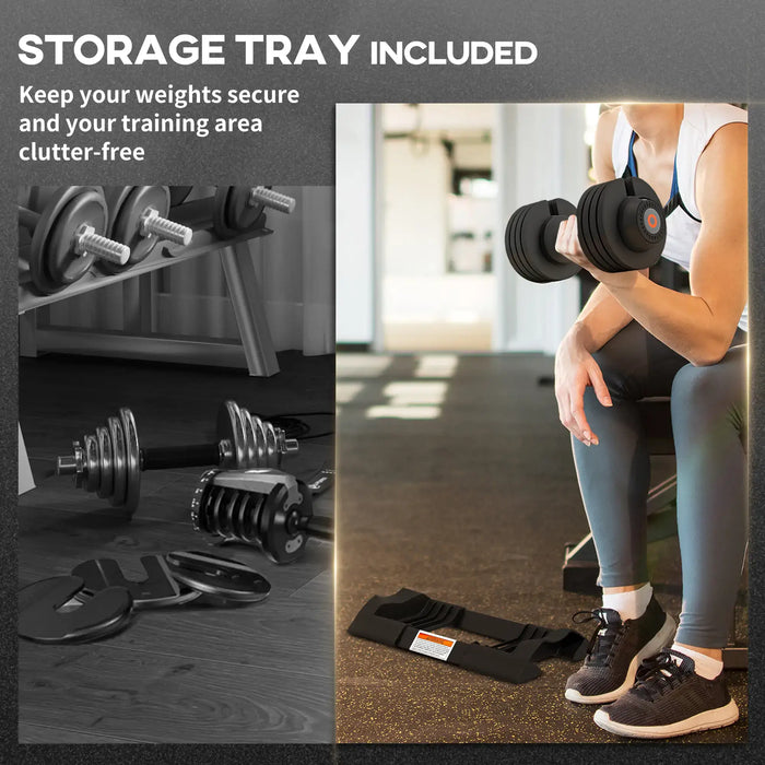 Person holding dumbbells with gym equipment and storage tray on a wooden floor.