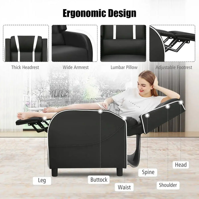 Black recliner chair with ergonomic design features labeled, woman relaxing on chair.