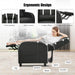 Black recliner chair with ergonomic design features labeled, woman relaxing on chair.