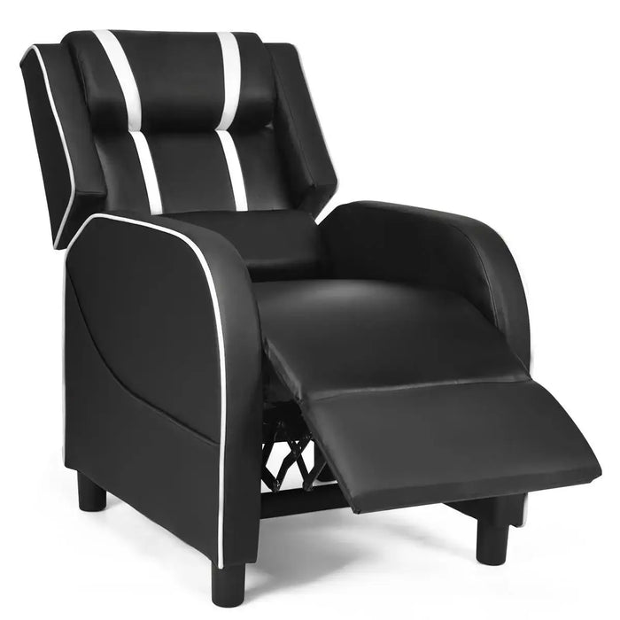 Black recliner chair with white accents on a white background