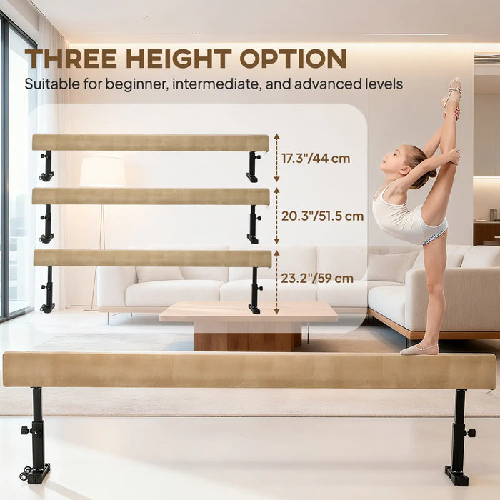 Adjustable Gymnastics Balance Beam | 3 Height Options, Solid Wood Core and Wheels HOMCOM - Little and Giant Explorers