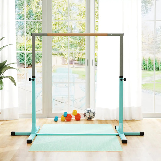 Adjustable Kids Gymnastics Horizontal Training Bar with Steel Frame Wooden Bar in Light Blue - Little and Giant Explorers HOMCOM