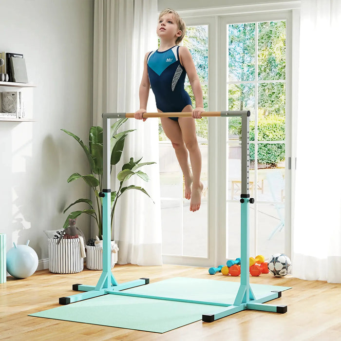 Adjustable Kids Gymnastics Horizontal Training Bar with Steel Frame Wooden Bar in Light Blue - Little and Giant Explorers HOMCOM