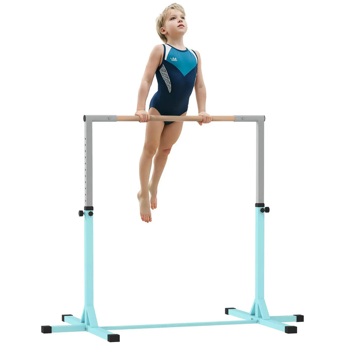 Adjustable Kids Gymnastics Horizontal Training Bar with Steel Frame Wooden Bar in Light Blue - Little and Giant Explorers HOMCOM