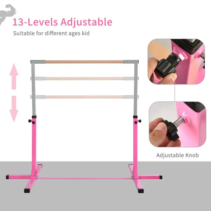 Adjustable Kids Gymnastics Horizontal Training Bar with Steel Frame Wooden Bar in Pink - Little and Giant Explorers HOMCOM