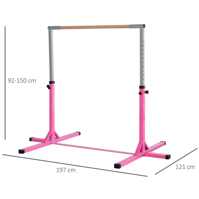 Adjustable Kids Gymnastics Horizontal Training Bar with Steel Frame Wooden Bar in Pink - Little and Giant Explorers HOMCOM