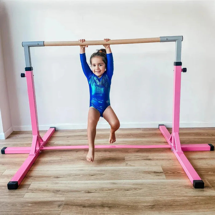 Adjustable Kids Gymnastics Horizontal Training Bar with Steel Frame Wooden Bar in Pink - Little and Giant Explorers HOMCOM